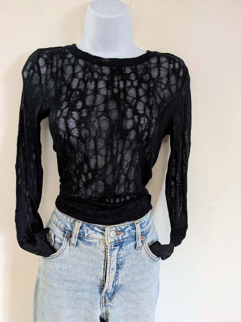 Sheer Black Long-Sleeve Knit Top
